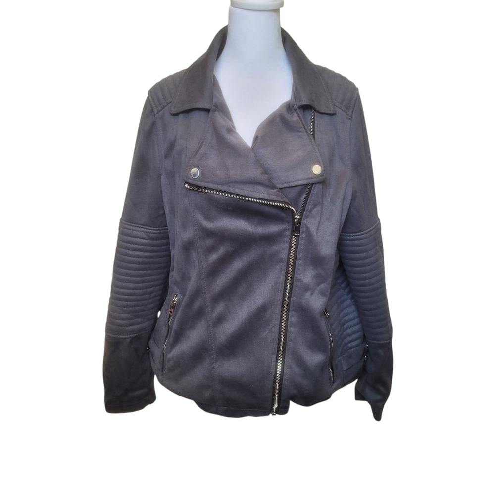 YMI Womens Plus Grey Moto Jacket sz 1X Faux Suede Super Soft Lined For Warmth